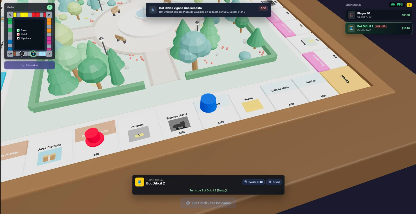 Partida de GamePoly con tablero 3D isometrico, fichas y propiedades
